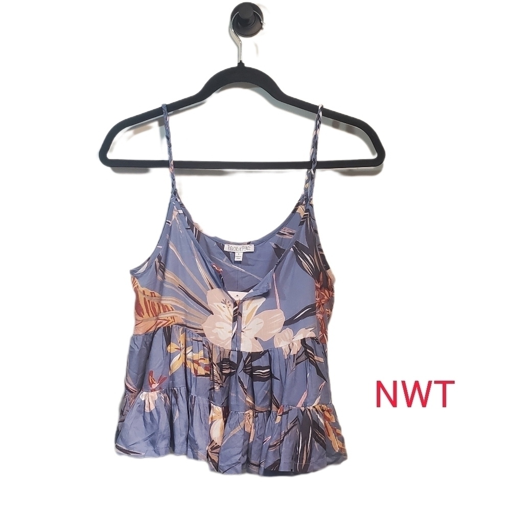 PATRONS OF PEACE Floral Print Braided Spaghetti Strap Cropped Ruffled Bl…